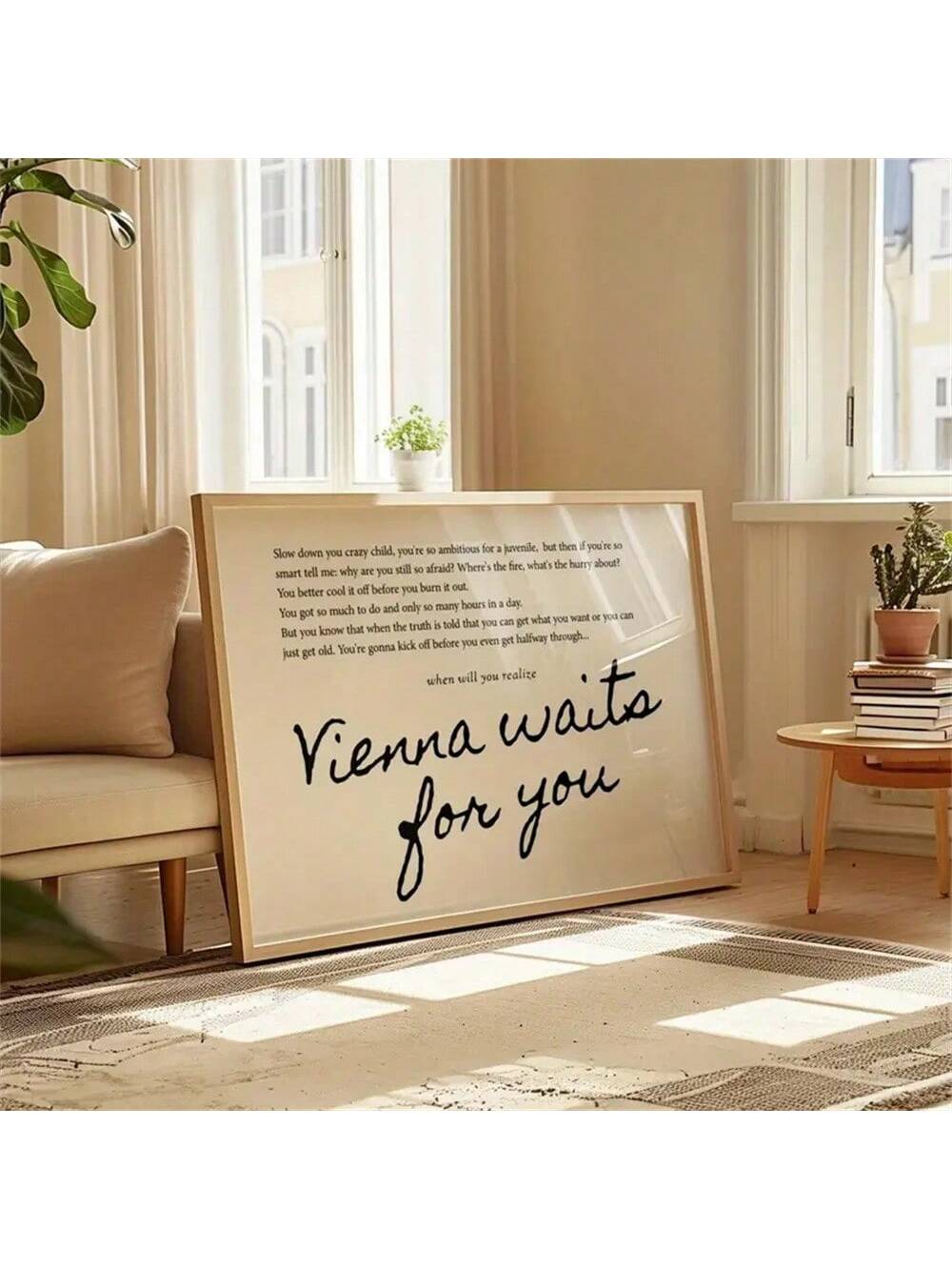 Elevate your space with the "Vienna Waits For You" lyrics canvas print, featuring a modern minimalist design that blends seamlessly into any home or office decor. This art piece inspires reflection and motivation, making it a perfect addition to environments where creativity and focus are valued. Crafted for durability and style, it offers a subtle yet meaningful statement that enhances your surroundings with elegance and purpose.