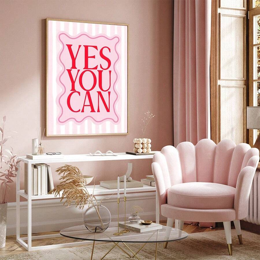 Inspire yourself daily with this vibrant pink canvas wall art featuring the empowering message "Yes Girl You Can." Perfect for bedrooms, living rooms, dorms, and home offices, this motivational quote decor brings positivity and confidence to any space. The frameless design offers a modern, clean aesthetic that complements any décor style. Made from durable chemical fiber material, it's built to last while maintaining its bold colors and crisp print quality. Whether you're decorating a student space, refresh