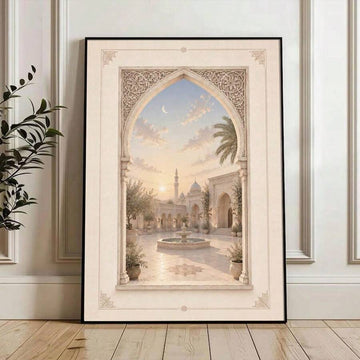 Black framed courtyard arch artwork with fountain and crescent sky against a white paneled wall