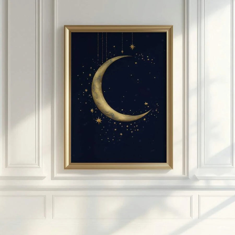 Gold framed navy crescent moon artwork with hanging stars and tiny starbursts on a sunlit white paneled wall