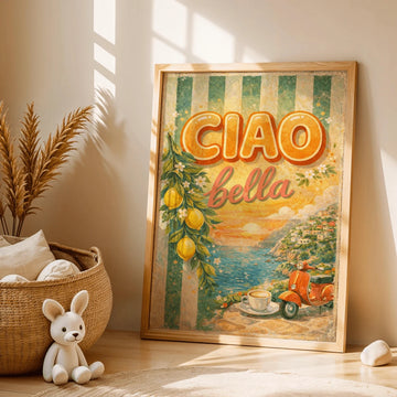 Light wood framed Ciao Bella Italian coastal poster with lemons, sea and orange scooter beside woven basket and plush rabbit
