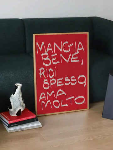 Italian Mangia Bene Vintage Canvas Wall Art, Red Kitchen Poster With Eat Well Quote, Retro Italian Restaurant Decor, Mid-Century Modern Art Print, Unframed Wall Painting, Suitable For Kitchen, Dining Room, Living Room, Bedroom, Home Office Decoration