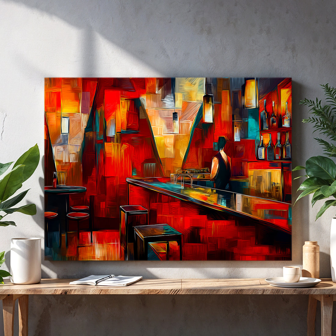 Transform your space with this striking abstract canvas that captures the vibrant energy of a modern bar scene. Rendered in bold red, orange, and teal hues, this contemporary impression painting brings dynamic movement and sophisticated color play to any room. The fluid brushwork and layered composition create visual depth that draws the eye, making it an ideal focal point above your sofa, bed, or living area.