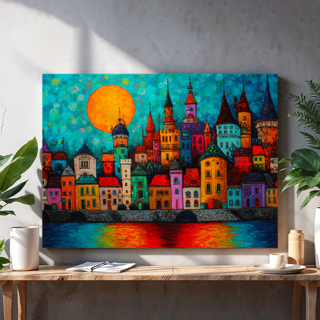 Transform your space with this captivating canvas wall art featuring a dreamy riverside town rendered in vibrant, eye-catching colors. The composition showcases distinctive architecture and charming buildings reflected in serene waters, creating visual depth and artistic intrigue. Perfect for living rooms, bedroom walls, or above sofas, this piece serves as a sophisticated focal point that elevates any interior. 