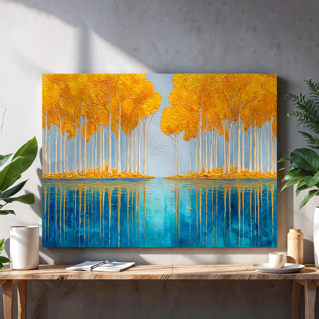 Transform your space with this striking modern abstract canvas that masterfully blends nature-inspired elements with contemporary design. The composition features a serene blue lake reflection anchored by golden forest tones, creating visual depth and sophistication. Perfect for living rooms, bedroom walls, or above sofas, this landscape painting serves as a compelling focal point that elevates any interior aesthetic. The abstract approach allows it to complement various décor styles while the warm and cool