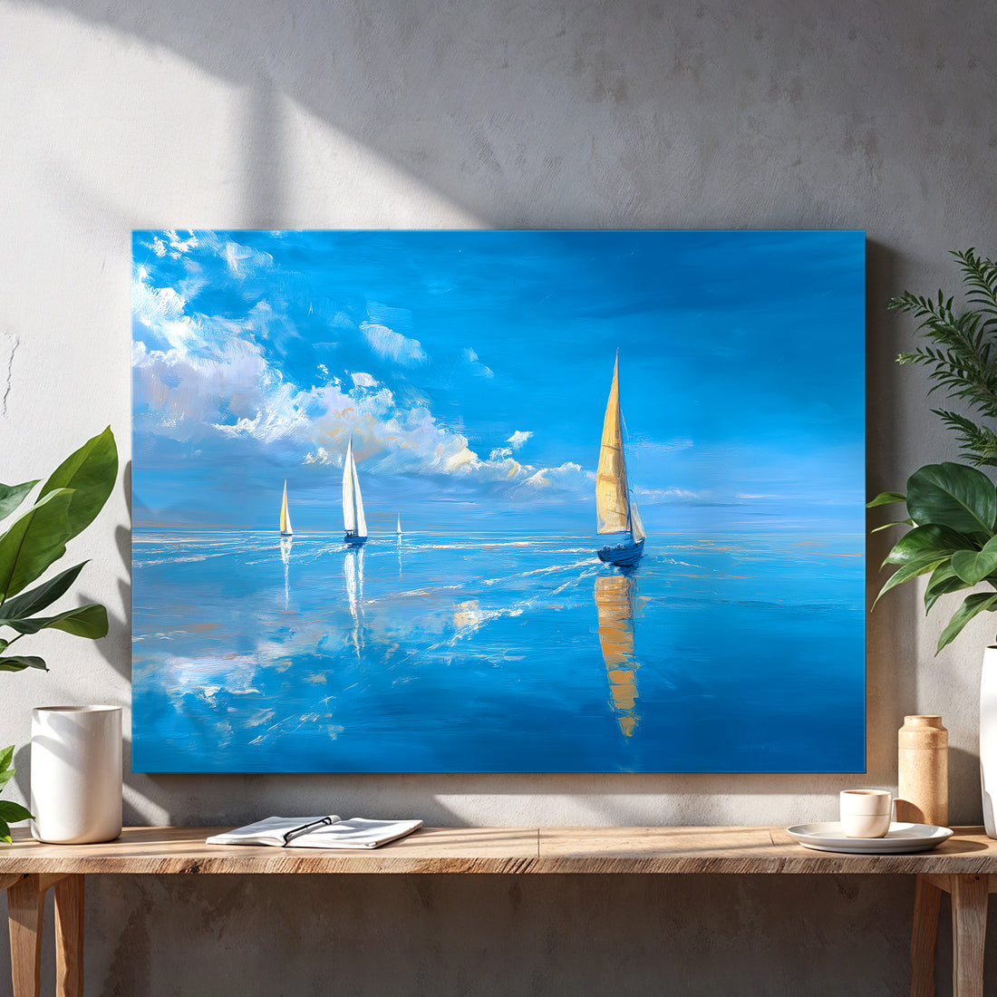 Transform your space with this striking canvas wall art featuring serene ocean sailboats gliding across a vibrant blue seascape. The crisp white sails create a captivating focal point that brings coastal elegance to any room. Perfect for living rooms, bedside walls, or above sofas, this modern nautical piece combines timeless maritime charm with contemporary design sensibilities. The balanced composition and soothing color palette evoke a sense of tranquility and adventure, making it an ideal choice for tho