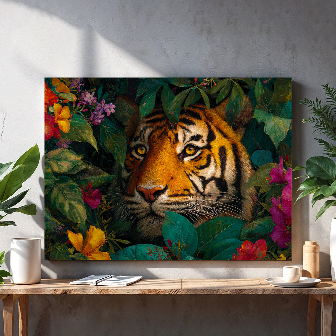 Bring the untamed beauty of the jungle into your home with this striking Tropical Tiger Canvas Wall Art. Featuring a majestic tiger amid lush exotic flowers and verdant foliage, this piece captures the raw elegance of wildlife in its natural habitat. The vibrant color palette and dynamic composition create an immediate focal point that transforms any room into a sanctuary of natural wonder. Perfect for living rooms, bedrooms, or above sofas, this canvas art adds sophistication and adventure to your décor. T