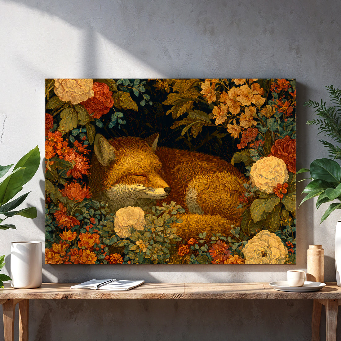 Bring serene woodland charm into your home with this captivating vintage floral fox canvas art. Featuring a peacefully sleeping fox nestled among blooming garden flowers, this piece combines natural beauty with artistic elegance. The soft, muted color palette and detailed botanical elements create a calming focal point perfect for living rooms, bedrooms, or above sofas. Ideal for those seeking to add personality and warmth to their interior spaces, this canvas wall art transforms any room into a tranquil re