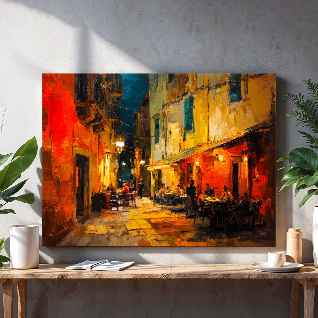 Transport your space into a charming European evening with this captivating canvas art. The piece captures an intimate alley scene bathed in warm streetlight, featuring a cozy cafe setting that evokes nostalgia and tranquility. Rich, inviting tones create an atmosphere of comfort and sophistication, making it an ideal focal point for living rooms, bedrooms, or above sofas. The detailed composition draws viewers into the scene, adding depth and character to any wall.