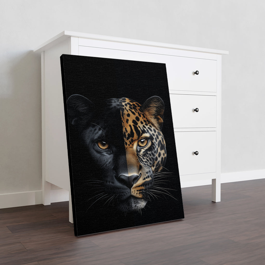 Add a touch of elegance to your living space with our Jaguar Face Canvas Wall Art. Featuring a striking black and gold split portrait, this piece is perfect for the living room, sofa backdrop, bedside, or any other room in your home. Elevate your home decor with this unique and stylish piece.
