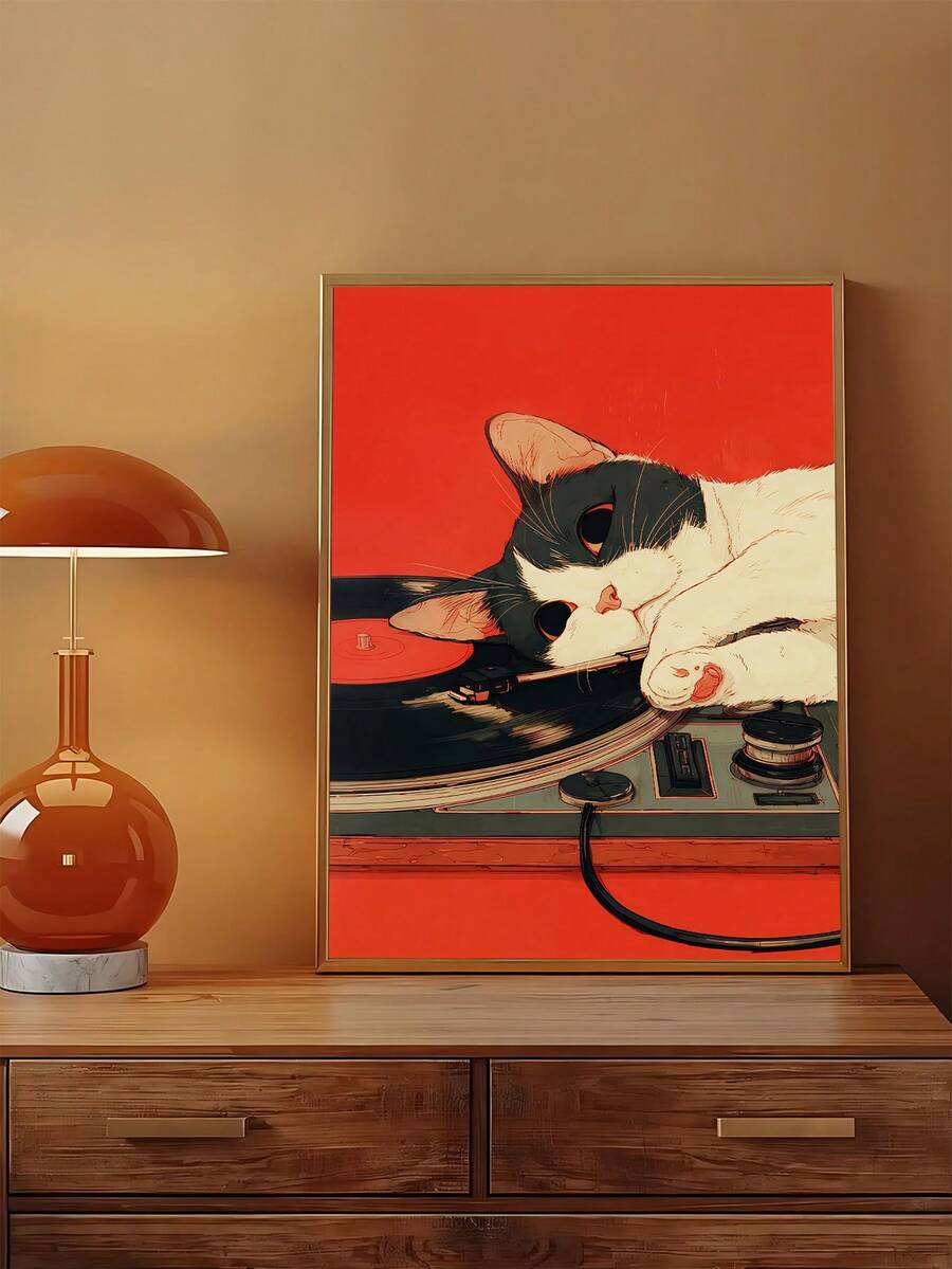 Japanese cat DJ wall art with cat on vinyl turntable