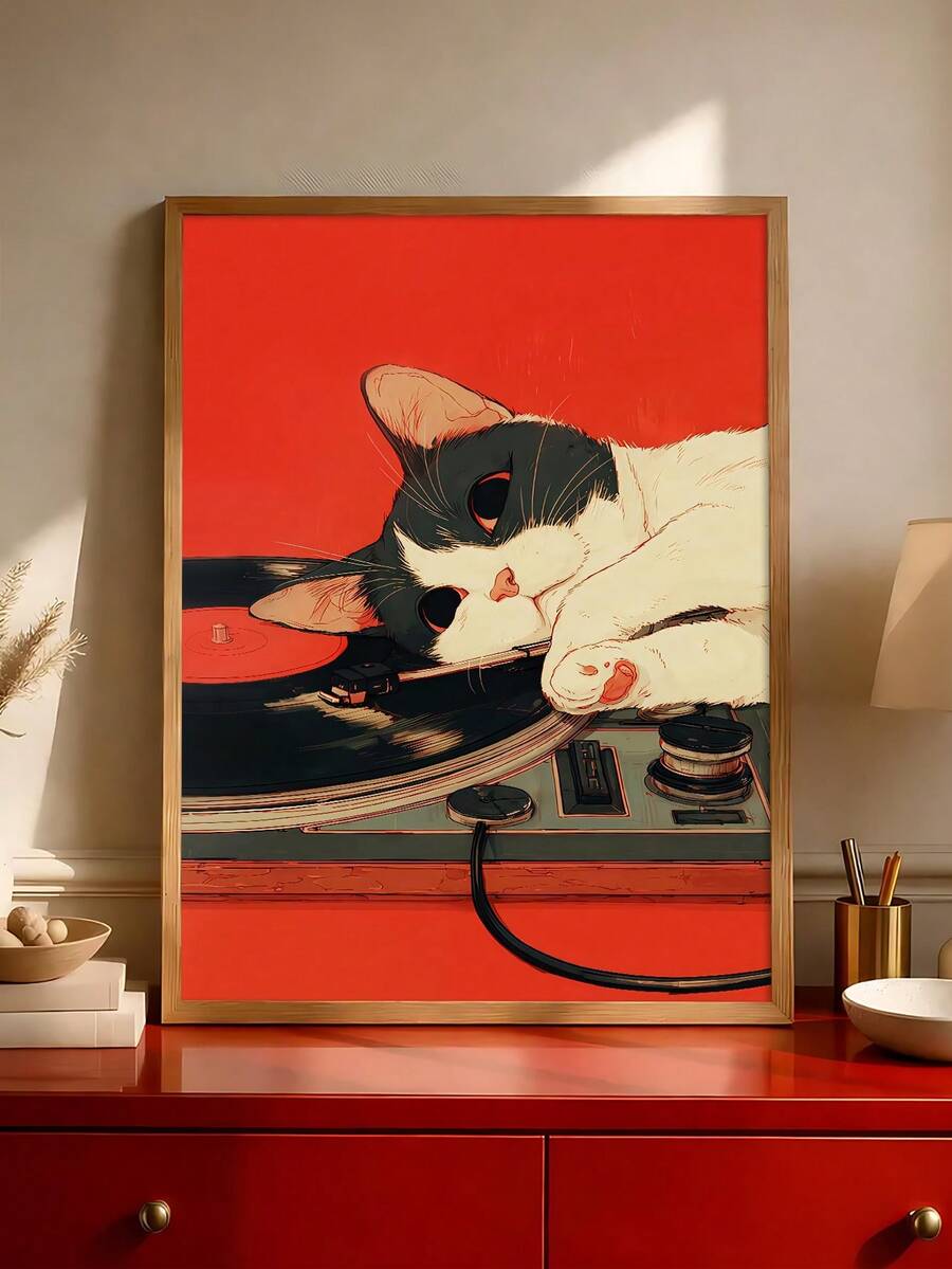 Japanese cat DJ wall art with cat on vinyl turntable