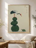 Crane print with bird on stacked green stones turtle moon and rippled water