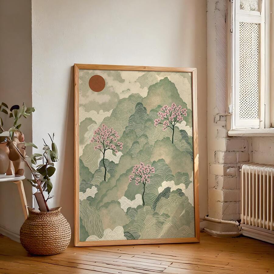Japanese landscape canvas print with sage green mountains pink blossoms and sun