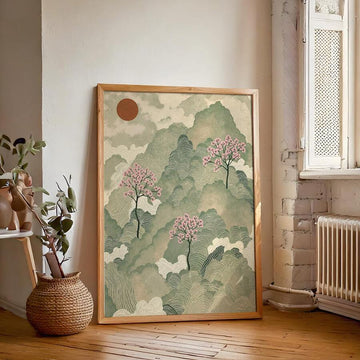 Japanese landscape canvas print with sage green mountains pink blossoms and sun