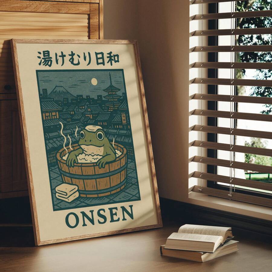 Natural wood-look framed onsen frog print beside open books and window blinds