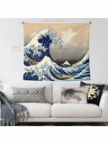 Great Wave tapestry above white sofa in blue beige Japanese ocean living room decor
