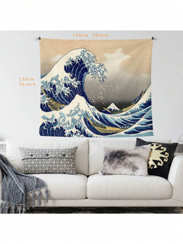 Great Wave tapestry above white sofa in blue beige Japanese ocean living room decor
