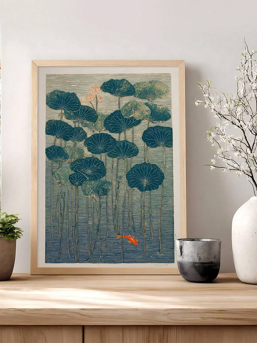 Lotus koi wall art with teal water and orange fish
