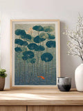 Lotus koi wall art with teal water and orange fish