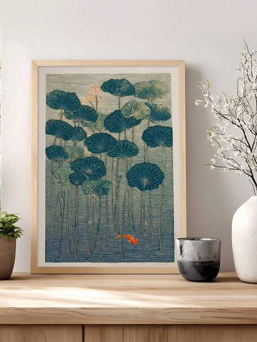 Lotus koi wall art with teal water and orange fish