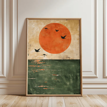 Japanese Minimalist Canvas poster featuring a rising sun, flying birds, and green sea. Perfect for Japandi, minimalist, coastal, and nature inspired decor.