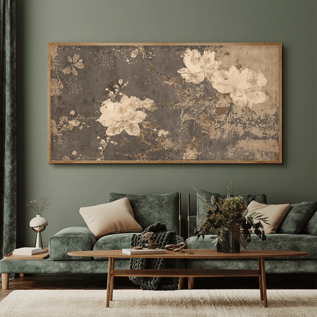 Japanese Nordic Wabi-Sabi Neutral Earth Tone Peony Branch Canvas Poster