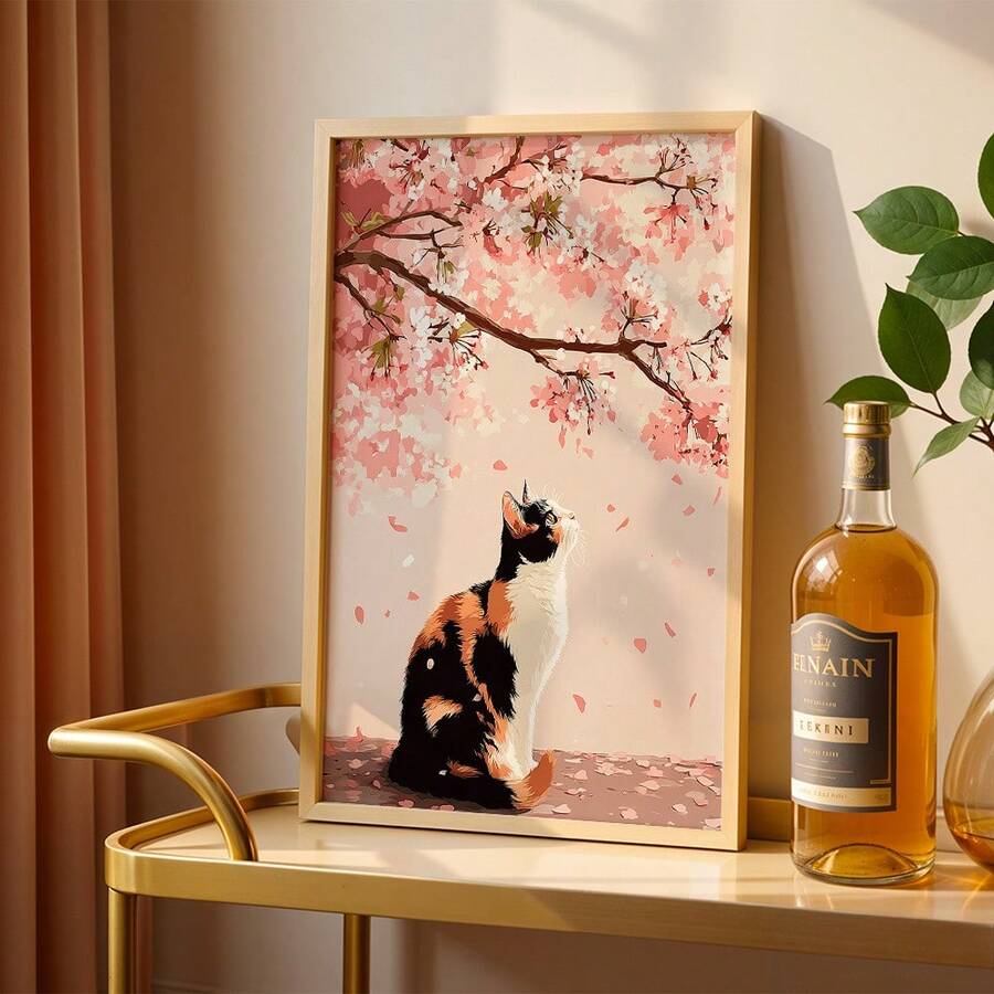 Japanese Style Cherry Blossom & Cat Spring Theme Canvas Poster