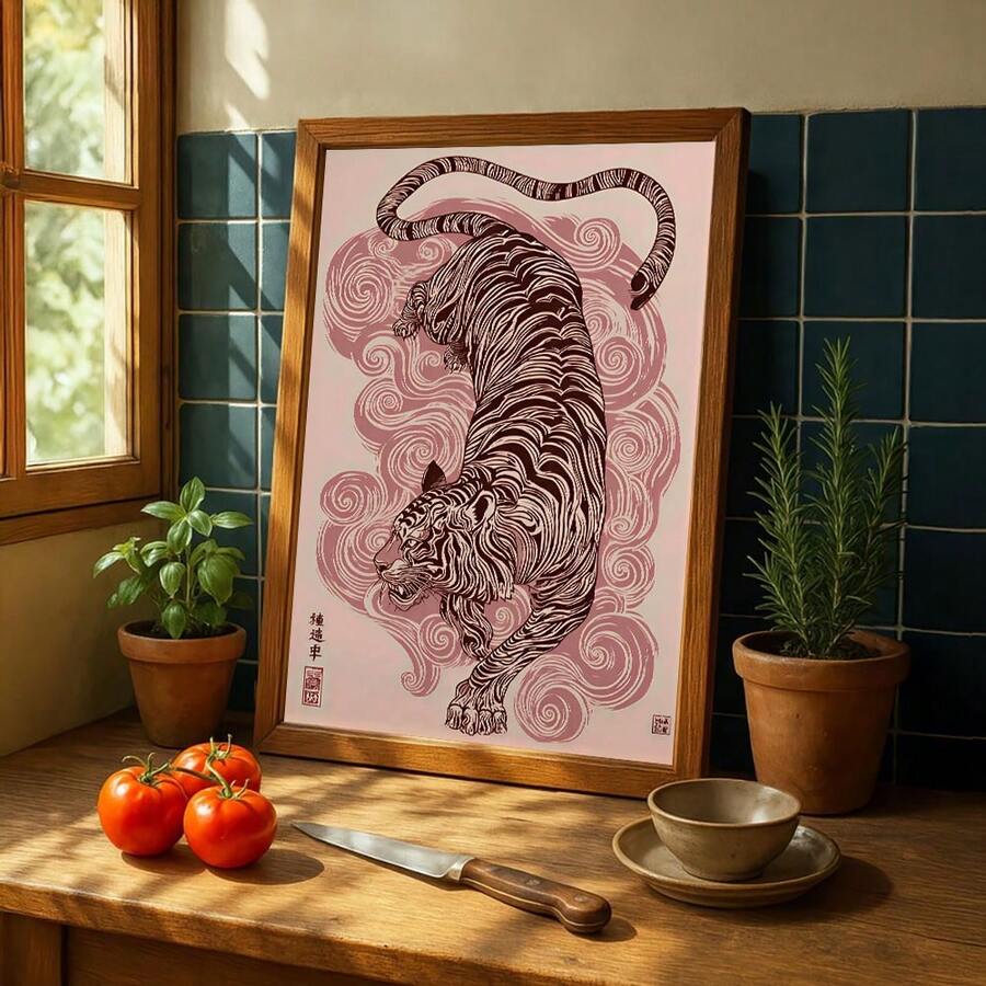 Japanese tiger canvas art in a wood frame in a bright dining area