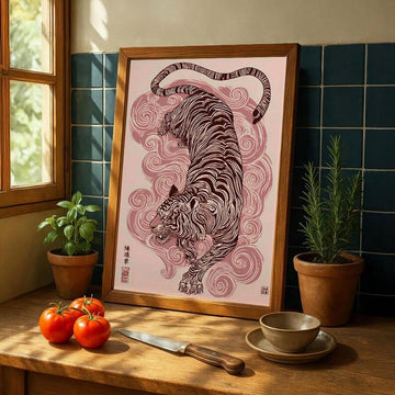 Japanese tiger canvas art in a wood frame in a bright dining area