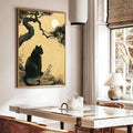 Japanese pine tree wall art with black cat under moon and rocks