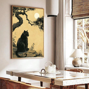 Japanese pine tree wall art with black cat under moon and rocks