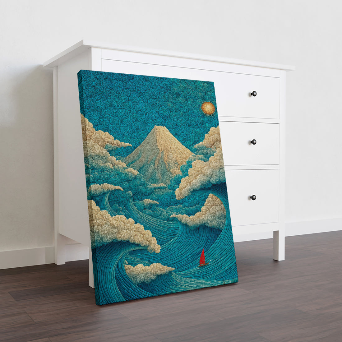Inspired by traditional Japanese woodblock aesthetics, this striking canvas print captures a serene coastal landscape where turquoise waves meet majestic mountains. A solitary red sailboat provides a bold focal point against the tranquil seascape, creating dynamic visual interest. The sophisticated color palette—rich teals, deep blues, and vibrant crimson accents—complements contemporary and classic interiors alike.