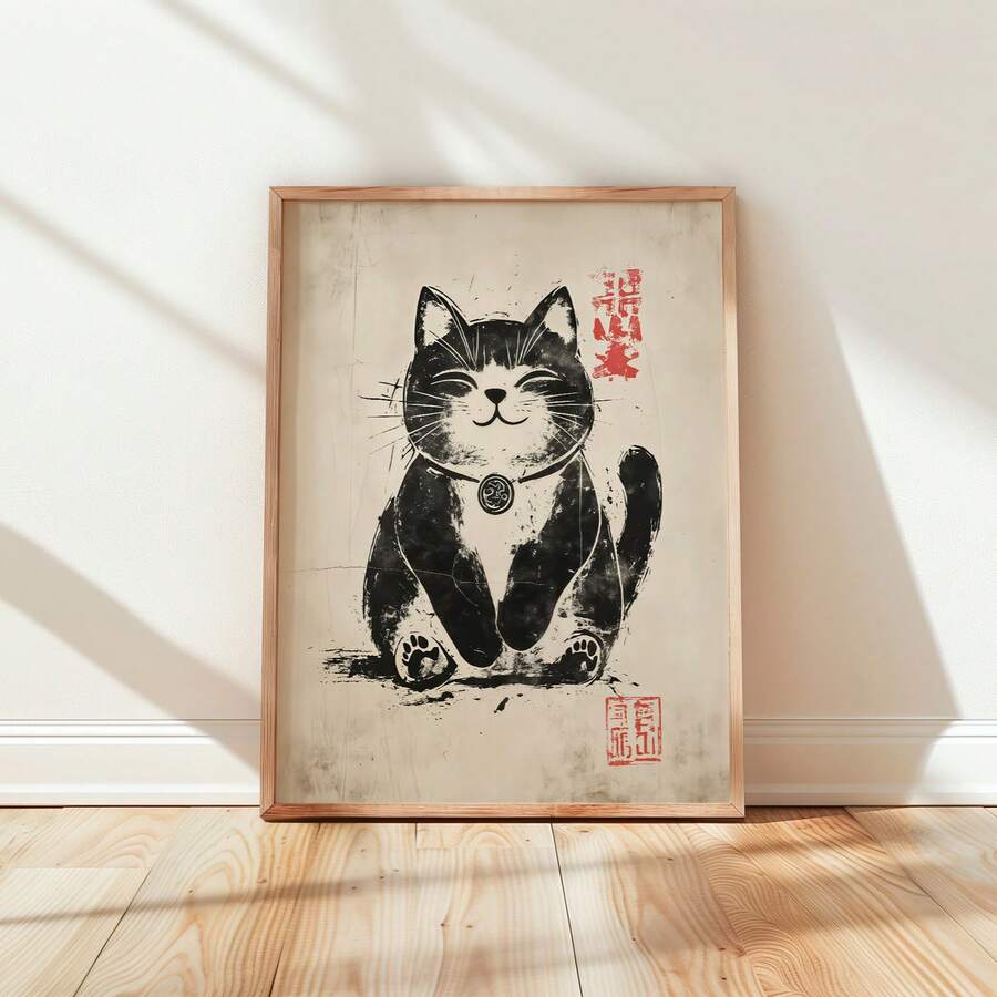 Japanese Woodblock Maneki Neko Lucky Cat Canvas Posterv
