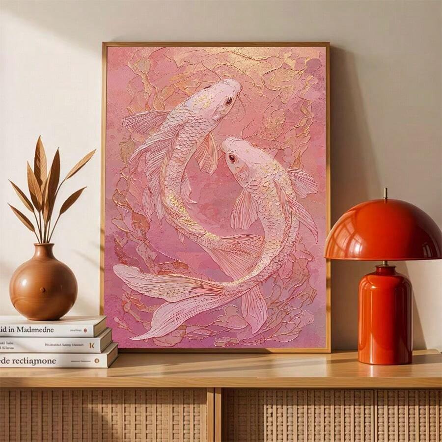 Two pale koi circle gold foliage on a softly textured blush pink poster, shown on a console