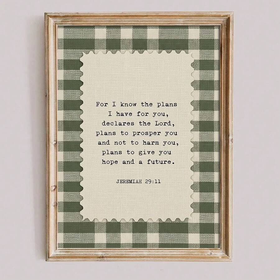 Jeremiah 29 11 green plaid scripture in antique gold frame
