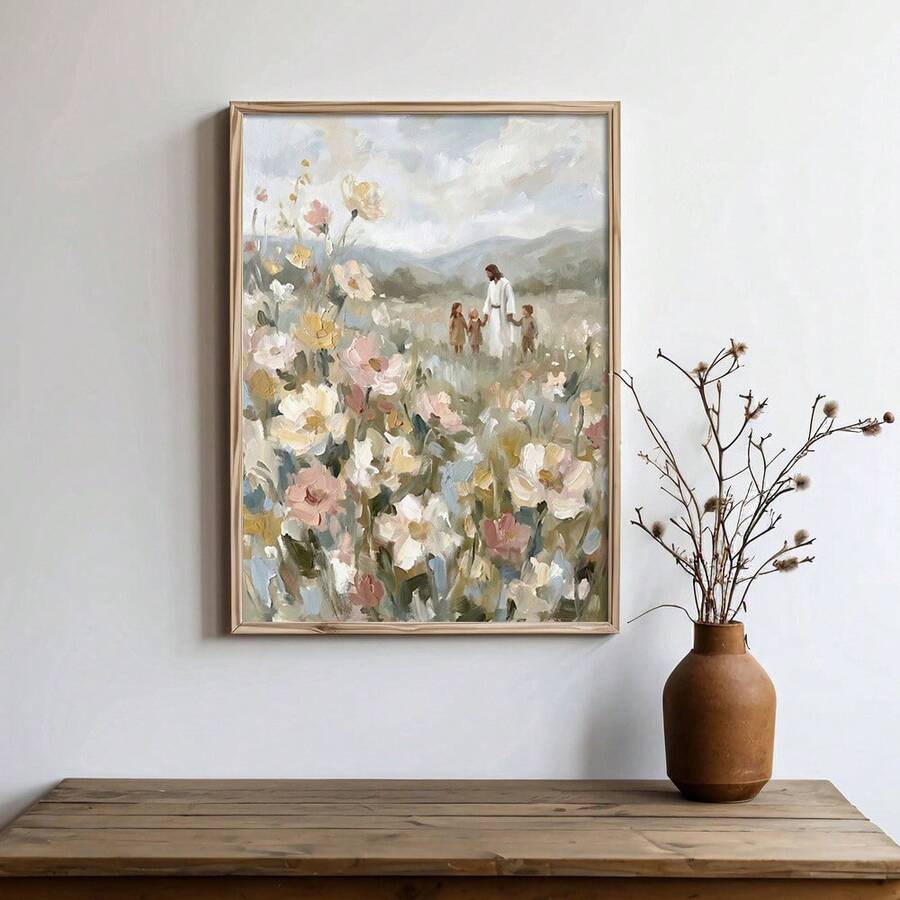 Framed Christian wall art of Jesus walking with children in wildflower meadow