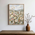 Jesus with children floral meadow print above rustic wood console