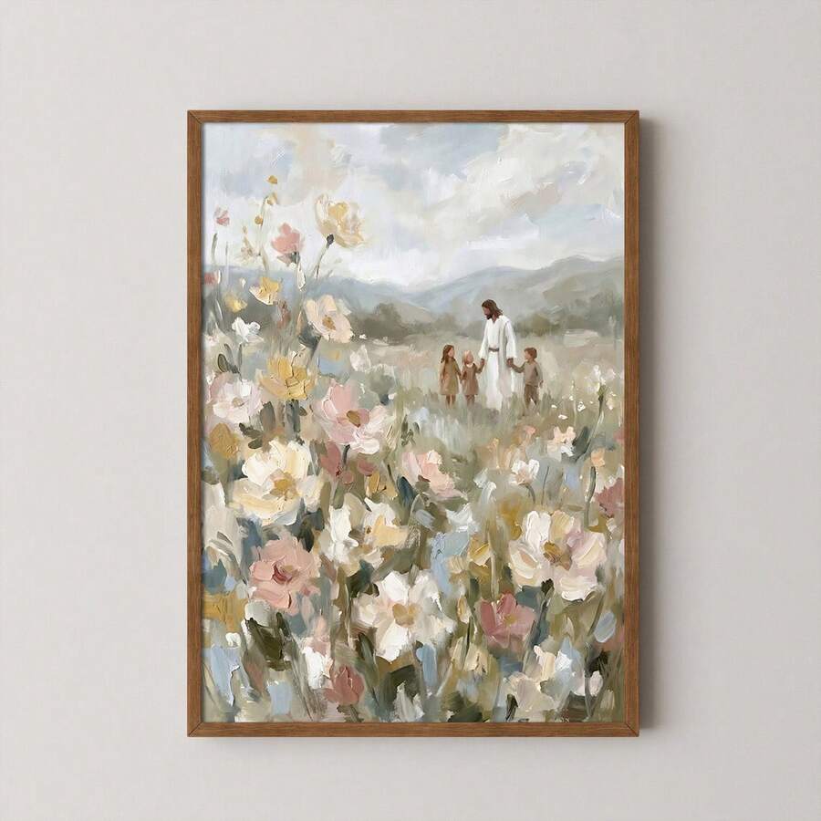 Framed Christian wall art of Jesus walking with children in wildflower meadow