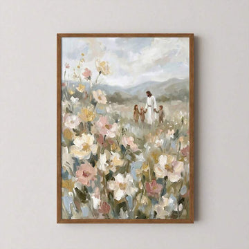 Framed Christian wall art of Jesus walking with children in wildflower meadow
