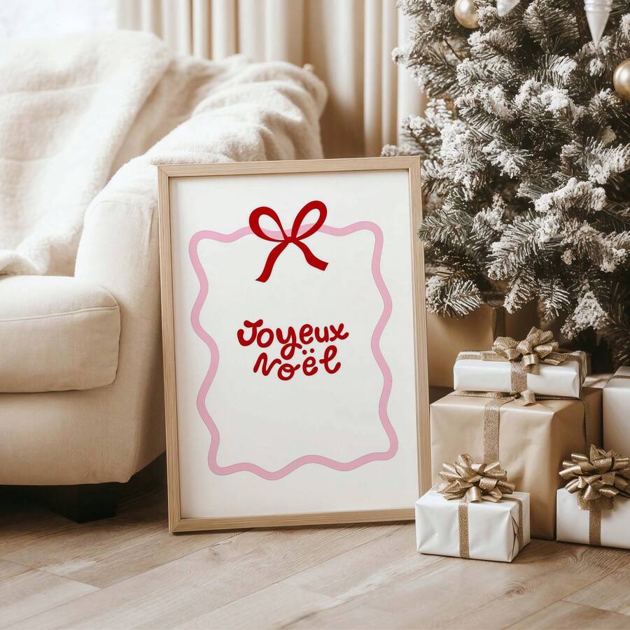 Joyeux Noël French Christmas canvas poster with red bow and pink wavy border