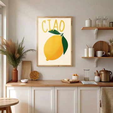 Joyful bright yellow Italian greetings Canvas poster with a clean minimalist design. Perfect for kitchens, living rooms, cafés, bedrooms, and colorful decor.