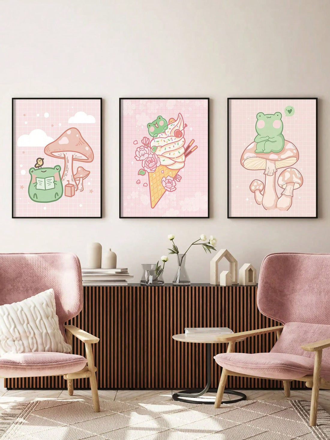 This Kawaii Frog Ice Cream Wall Art Set is perfect for adding an adorable touch of fun to your room's decor. Each canvas print features a cute frog enjoying a sweet treat, adding a whimsical and playful element to any space. Hang them as a set or spread them out for a charming accent.