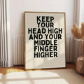 Brown gold frame mockup of bold attitude quote poster near radiator and curtains