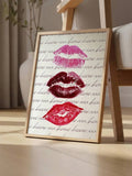 Lipstick kiss canvas poster leaning beside wooden chair and leafy vase
