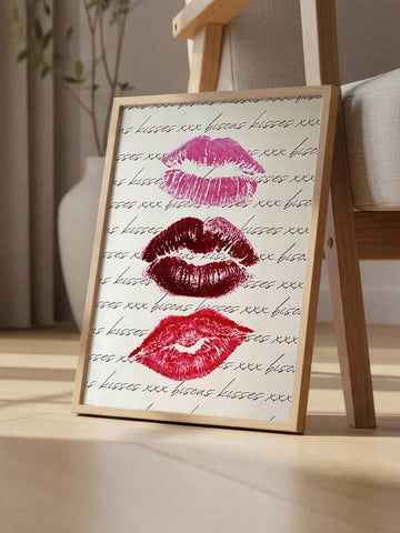Lipstick kiss canvas poster leaning beside wooden chair and leafy vase