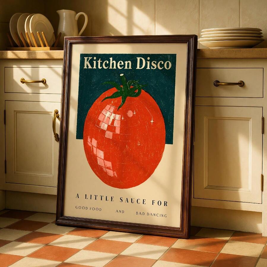 Framed Kitchen Disco tomato disco-ball poster in a sunlit vintage kitchen with cream cabinets