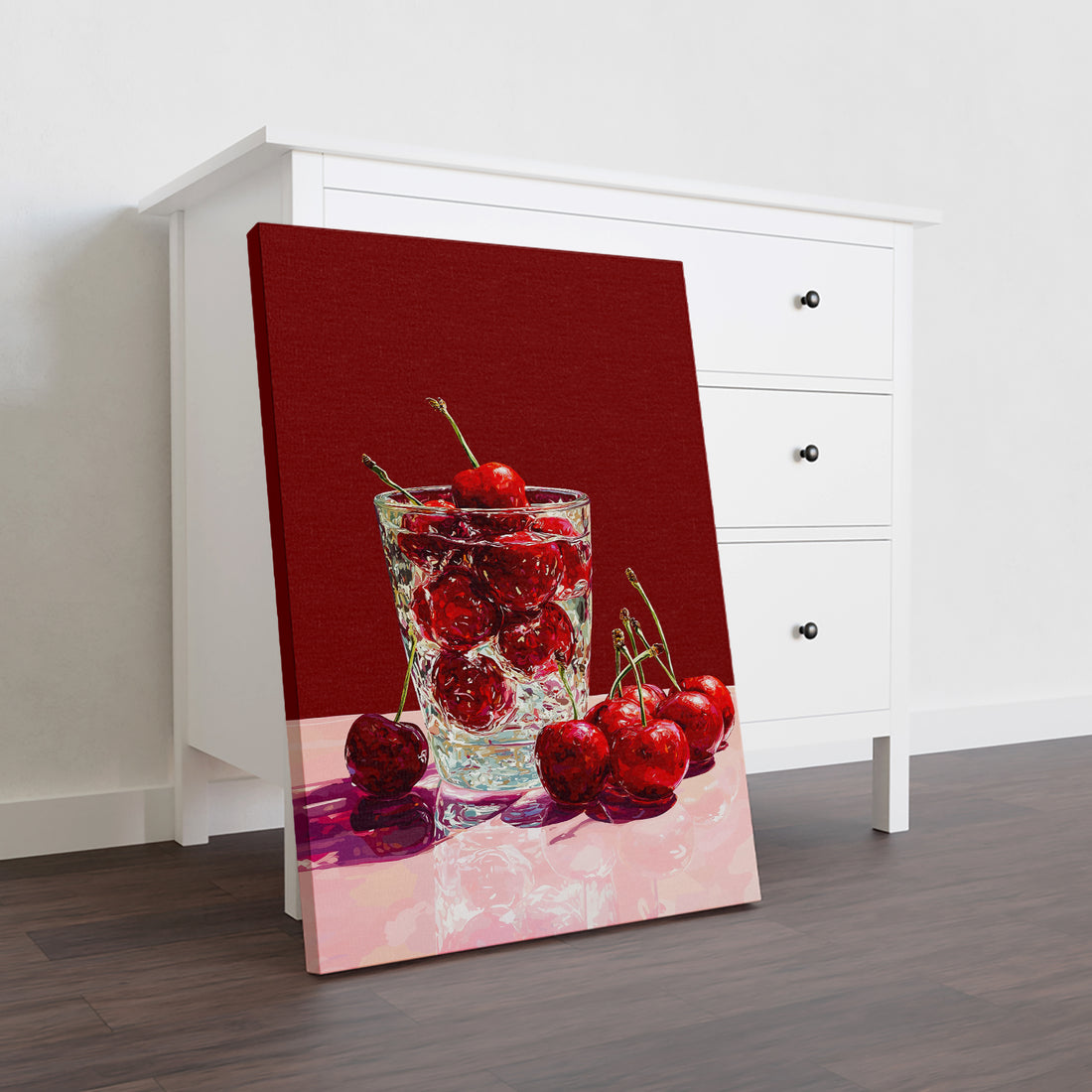 Transform your space with this striking kitchen still life canvas wall art, featuring vibrant red cherries rendered in rich detail. The glass print technique creates exceptional depth and luminosity, making the fruit appear to leap from the wall. Perfect for anchoring a living room, adding visual interest above a sofa, or creating a sophisticated focal point in bedrooms and dining areas.