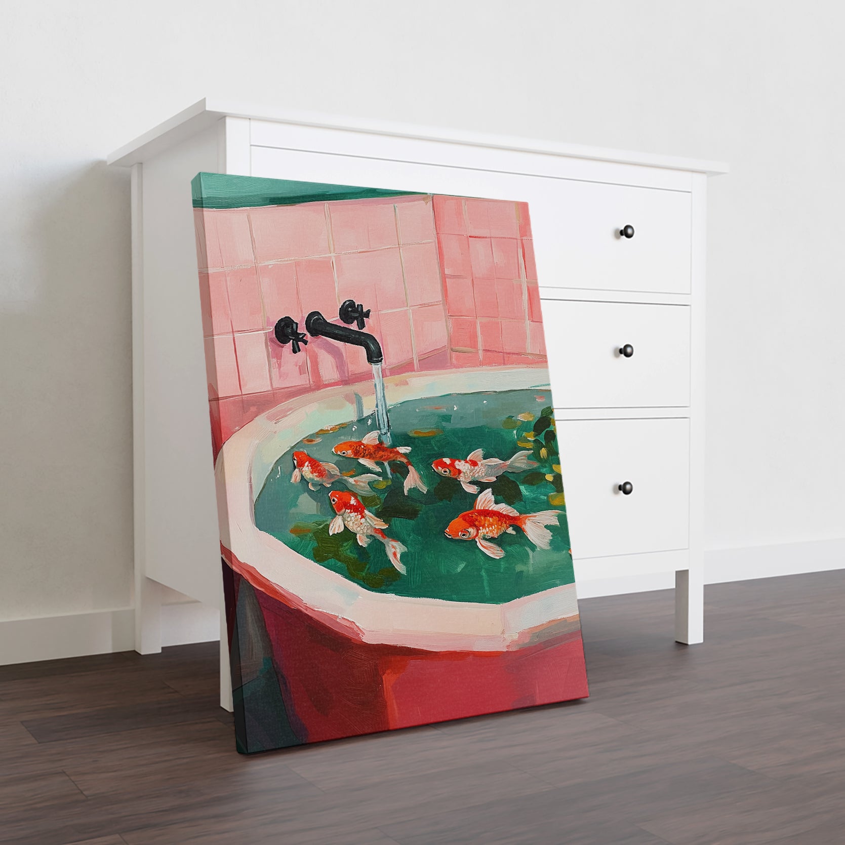 Add a touch of elegance to your home with our Koi Fish Bathroom Art Canvas Print. Featuring a stunning pink and red bathtub with goldfish, this print is perfect for decorating your living room, sofa backdrop, or bedside.