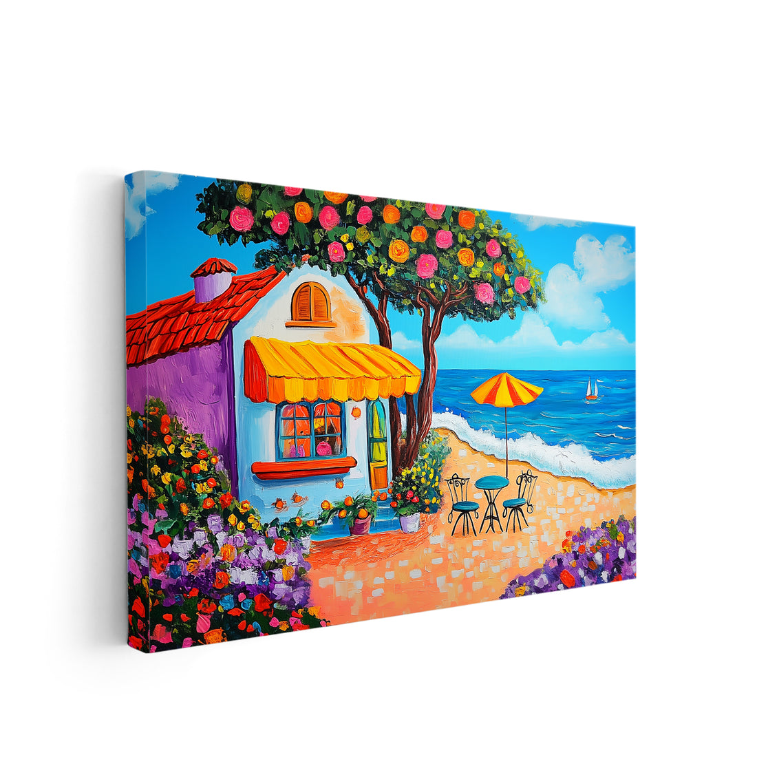 This beautiful canvas wall art showcases a stunning Mediterranean seaside landscape with colorful floral accents, perfect for brightening up your living room or serving as a backdrop for your sofa or bedside decor. Transform your home into a tranquil beach house with this exquisite piece of art.